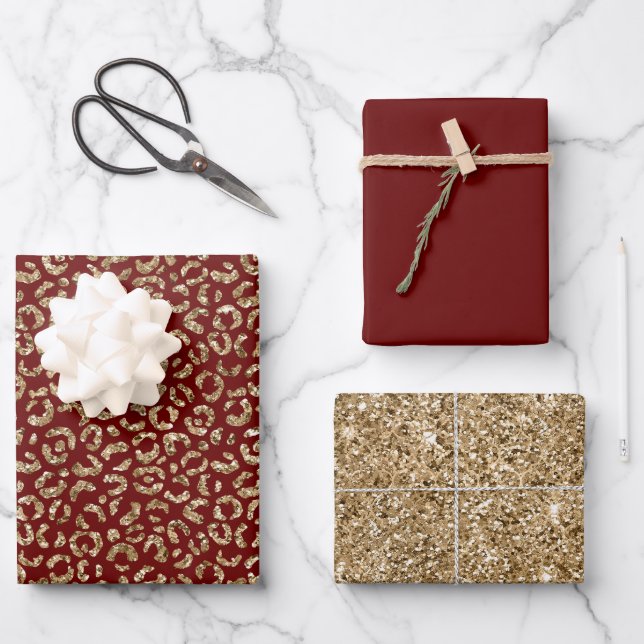 Red Sparkle Glitter Gold Leopard Print Wrapping Paper Sheets (Front)