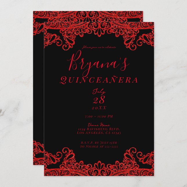 Red Sparkle Glitter Lace Black Quinceañera   Invitation (Front/Back)