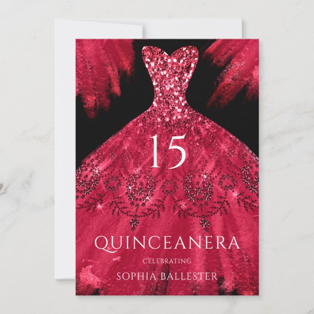 Red Sparkle Gown Black Quinceanera Dress Party Invitation (Front)