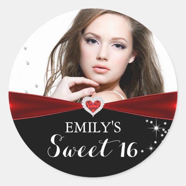 Red Sparkle Heart Photo Sweet Sixteen Sticker (Front)