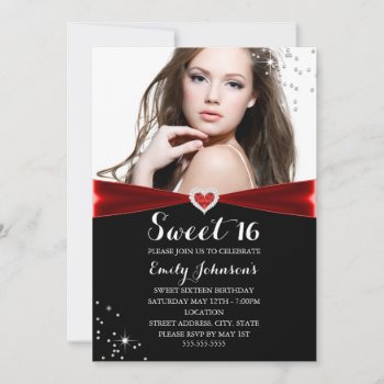 Red Sparkle Heart Sweet 16 Birthday Invitation by ExclusiveZazzle at Zazzle