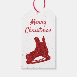 Red sparkle hockey skate on gold - hockey gift tags
