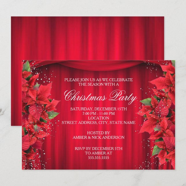 Red Sparkle Holly Floral Christmas Party Invite (Front/Back)