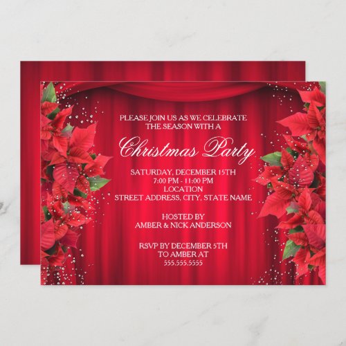 Red Sparkle Holly Floral Christmas Party Invite