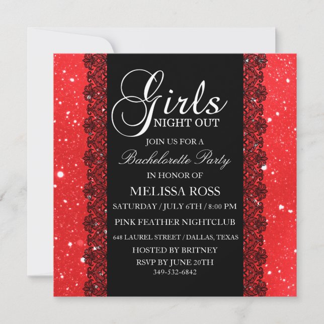 Red Sparkle/Lace Bachelorette Party Invitation (Front)