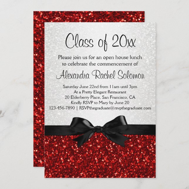 Red Sparkle-look Bow Graduation Invitation (Front/Back)