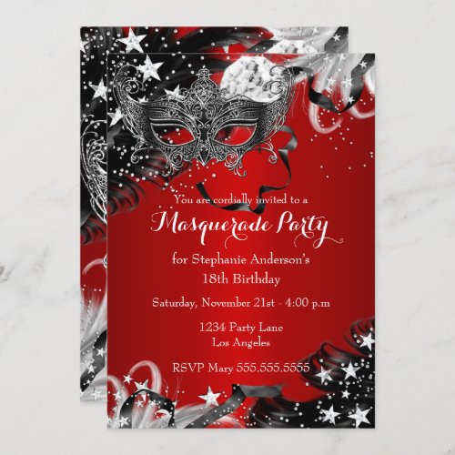 Red Sparkle Magical Night Masquerade Party Invite