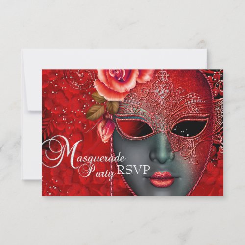Red Sparkle Mask Masquerade Party RSVP Invitation