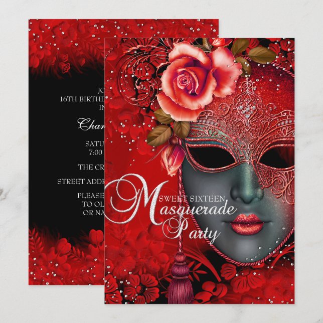 Red sparkle Mask Masquerade Sweet 16 Invite (Front/Back)