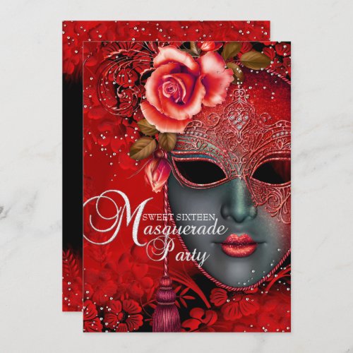 Red sparkle Mask Masquerade Sweet 16 Invite