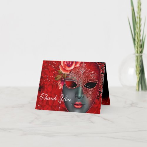 Red Sparkle Mask Masquerade Thank You Card