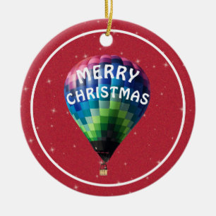 Red Sparkle Merry Christmas Hot Air Balloon Ceramic Ornament
