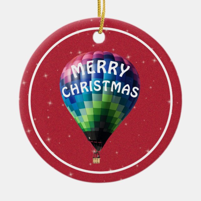 Red Sparkle Merry Christmas Hot Air Balloon Ceramic Ornament (Front)
