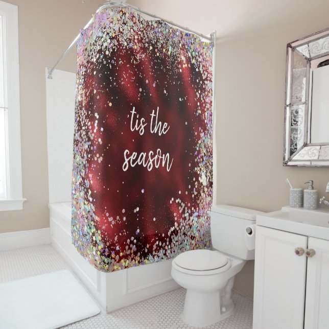 Red Sparkle Merry Christmas Season Shower Curtain (In Situ)
