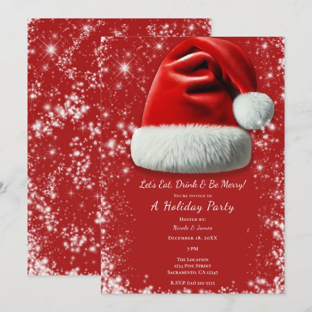 Red Sparkle Santa Hat Holiday Christmas Party Invitation (Front/Back)
