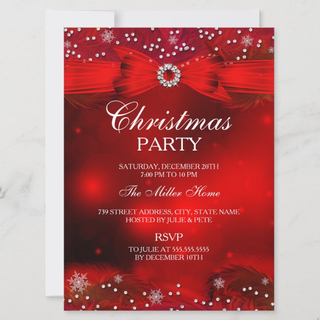 Red Sparkle Snowflake & Bow Christmas Party Invite (Front)