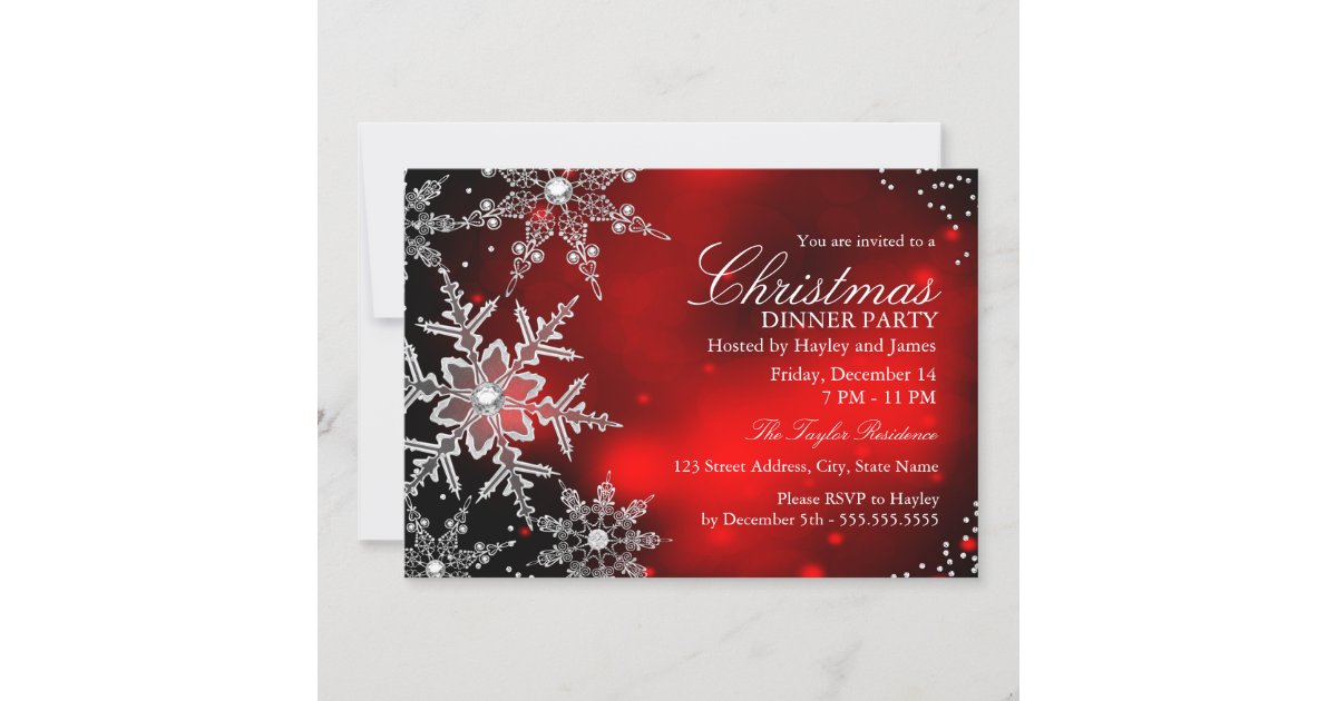 Red Sparkle Snowflake Christmas Dinner Party Invitation | Zazzle