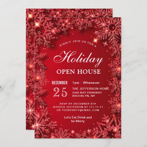 Red Sparkle Snowflake Christmas Holiday OPEN HOUSE Invitation