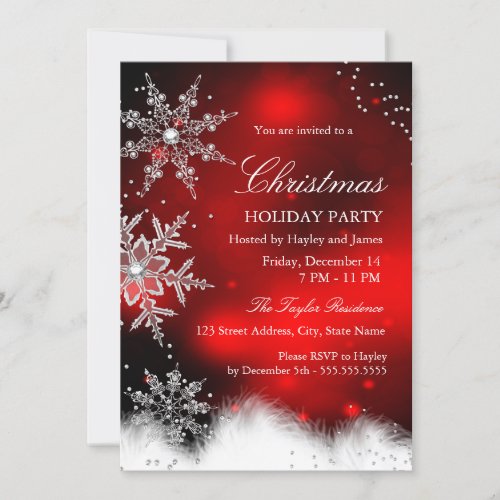 Red Sparkle Snowflake Christmas Holiday Party Invitation