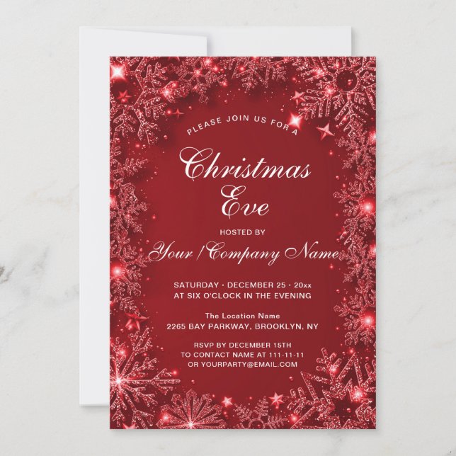 Red Sparkle Snowflakes Christmas Eve Party Invitation (Front)