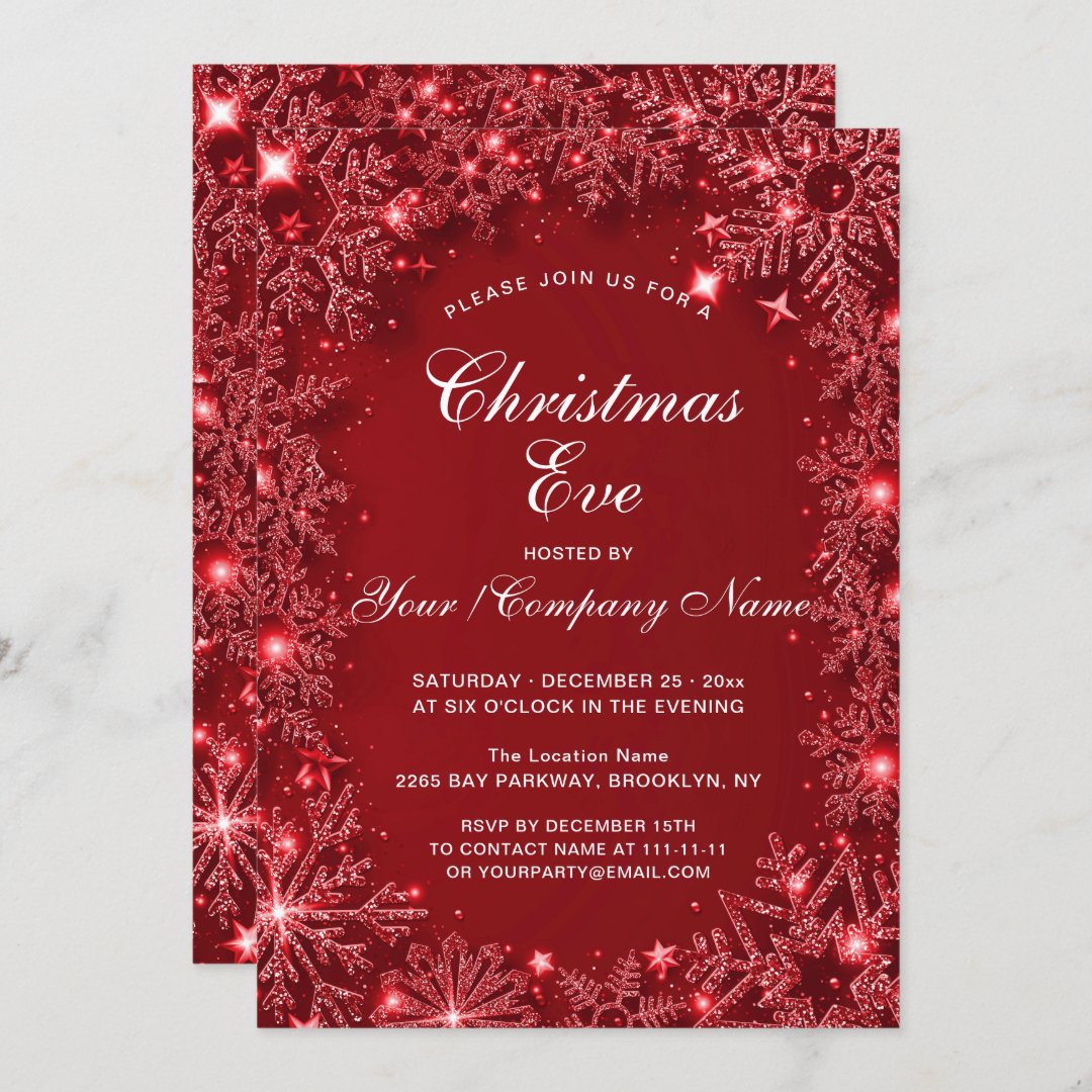 Red Sparkle Snowflakes Christmas Eve Party Invitation | Zazzle
