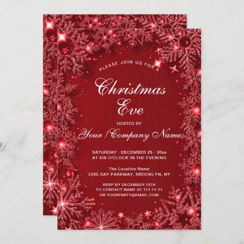 Red Sparkle Snowflakes Christmas Eve Party Invitation