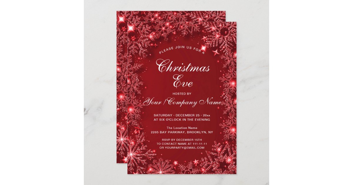 Red Sparkle Snowflakes Christmas Eve Party Invitation | Zazzle