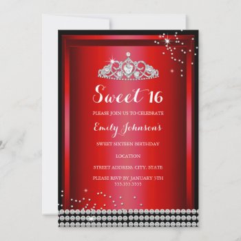 Red Sparkle Tiara Sweet 16 Birthday Invitation by ExclusiveZazzle at Zazzle