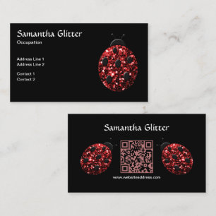 Red sparkles Ladybug Custom QR code Black Business Card