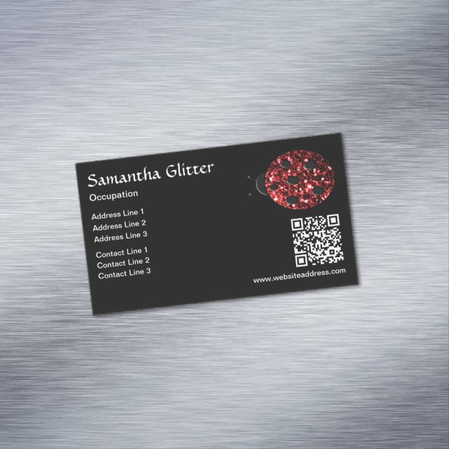 Red sparkles Ladybug QR code black Custom Business Card Magnet (In Situ)