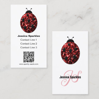Red sparkles Ladybug QR code Monogram white Custom Business Card