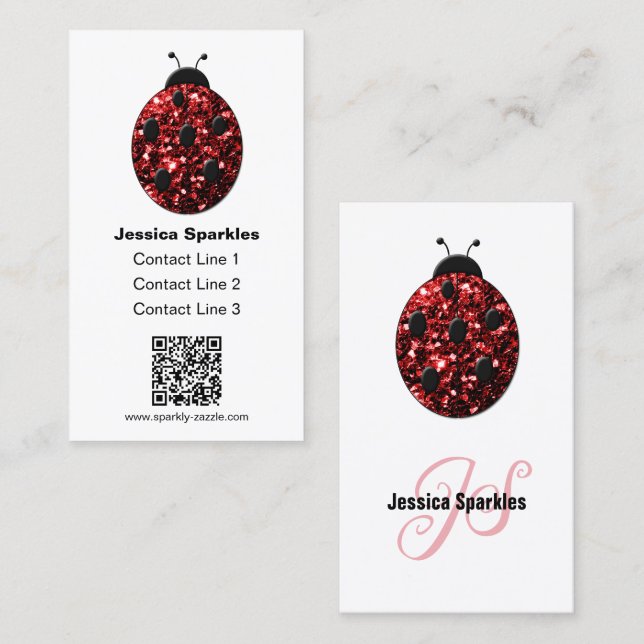 Red sparkles Ladybug QR code Monogram white Custom Business Card (Front/Back)