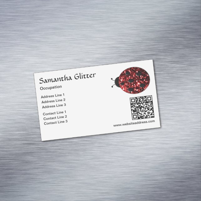 Red sparkles Ladybug QR code white Custom Business Card Magnet (In Situ)
