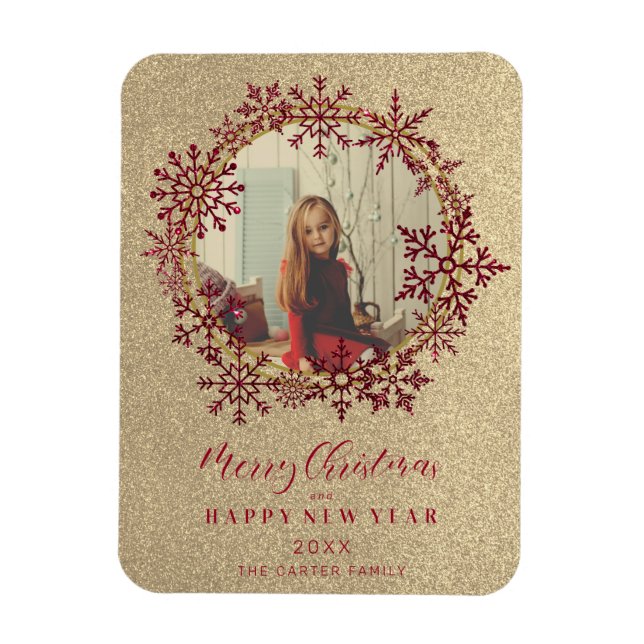 Red Sparkles Snowflakes Christmas Family Photo Magnet (Vertical)
