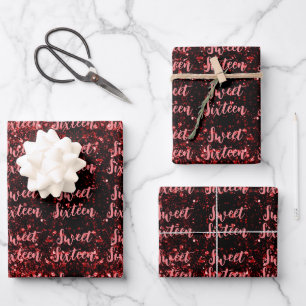 Red sparkles Sweet 16 script pattern Wrapping Paper Sheets