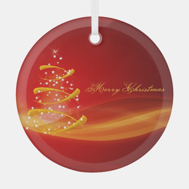 Red Sparkling Christmas Tree Merry Christmas Glass Ornament (Front)