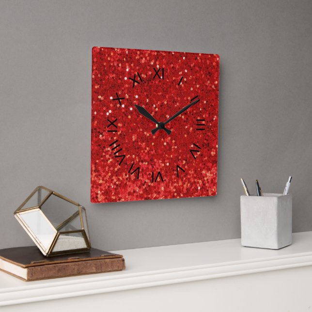 Red sparkling glitter pattern square wall clock (Office)