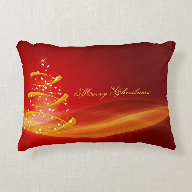 Red Sparkling Golden Christmas Tree Accent Pillow (Front)