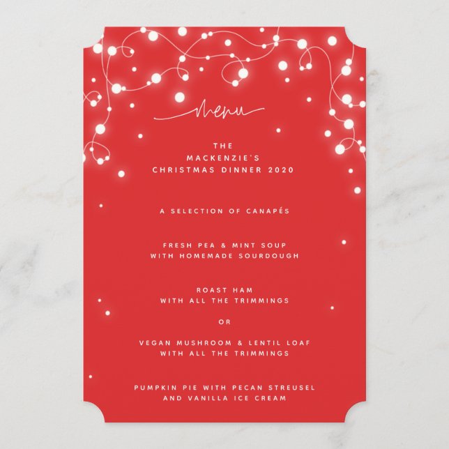 Red Sparkling Lights Christmas Flat 4 Course Menu (Front)
