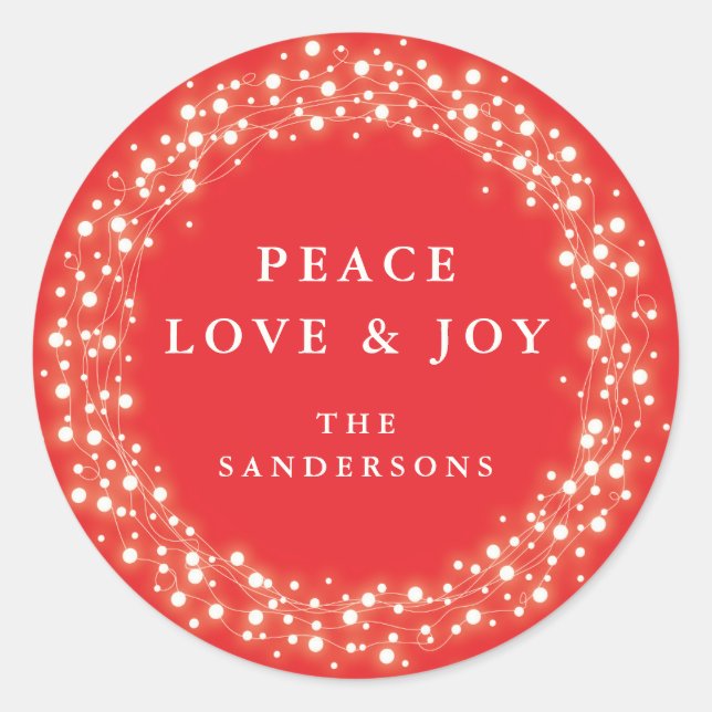 Red Sparkling Lights Peace Love + Joy Christmas Classic Round Sticker (Front)