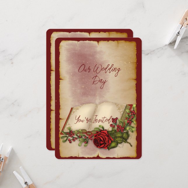 Red Sparkling Roses On Gold Color Bible Pages  Invitation (Front/Back In Situ)