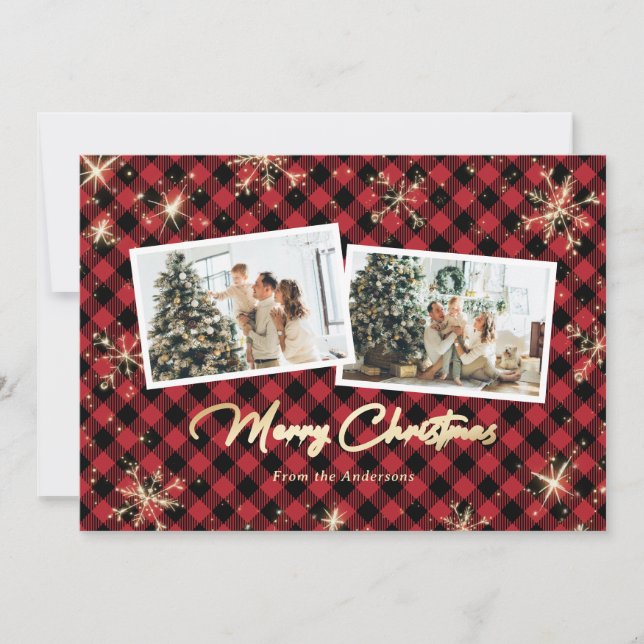 Red Sparkly Gold Snowflakes Photo Christmas Holiday Card (Front)