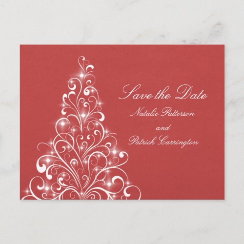 Red Sparkly Holiday Tree Save the Date Postcard
