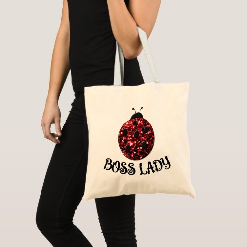 Red sparkly Ladybug BOSS LADY Personalize Tote Bag