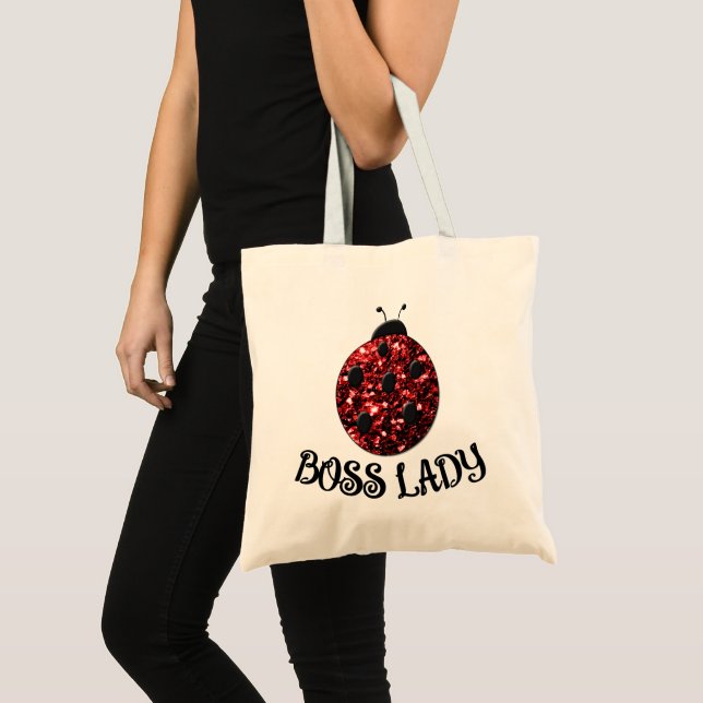 Red sparkly Ladybug BOSS LADY Personalize Tote Bag (Front (Product))