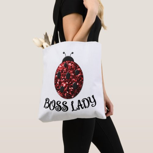 Red sparkly Ladybug BOSS LADY Personalize Tote Bag