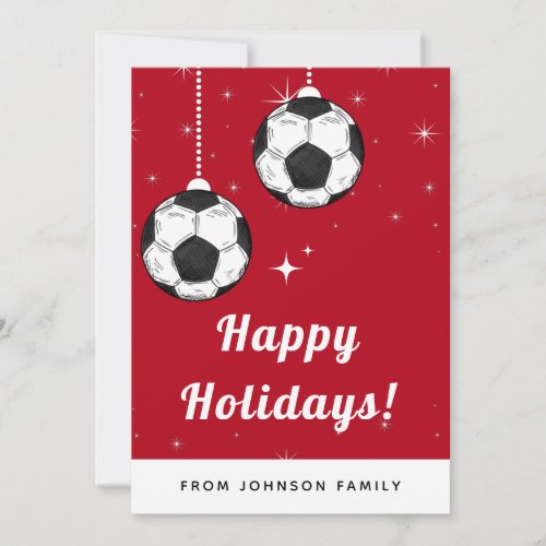 Red  Sparkly Soccer Ball Ornament Sports Theme    Holiday Card