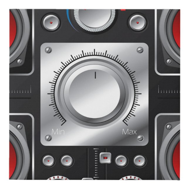 Red speakers with amplifier and control knobs faux canvas print (Front)