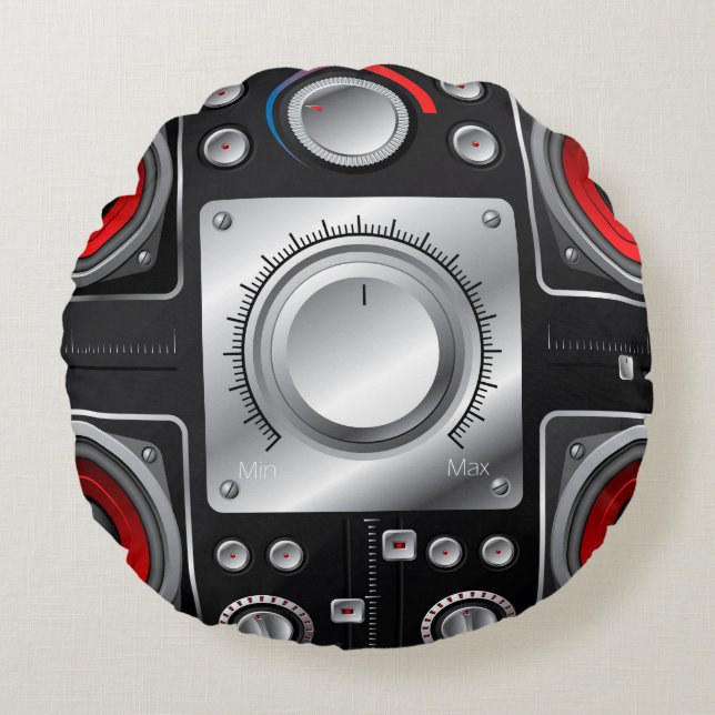 Red speakers with amplifier and control knobs round pillow (Front)