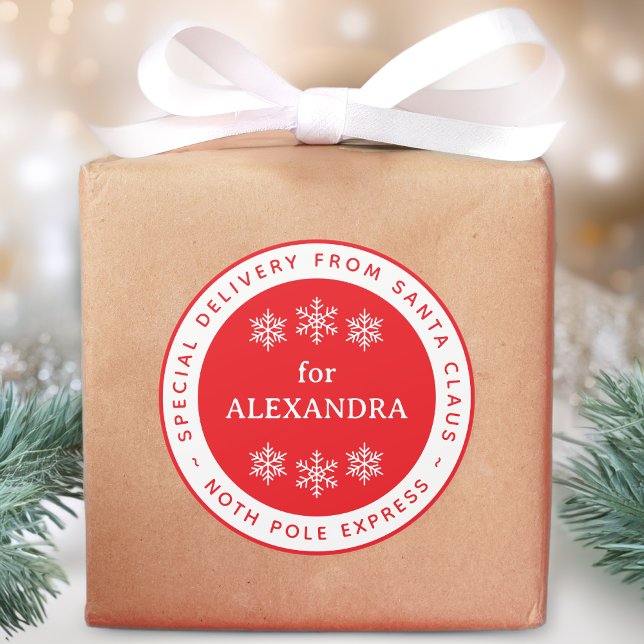 Red Special Delivery from Santa North Pole Name Classic Round Sticker (Creator Uploaded)